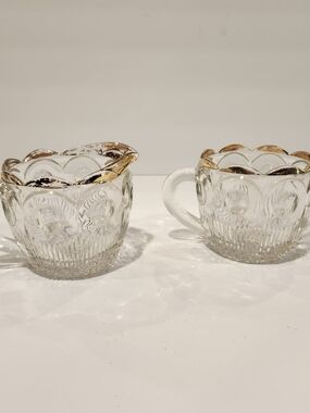 Bartlett Collins Clear Glass Creamer and Sugar Set with Gold Trim